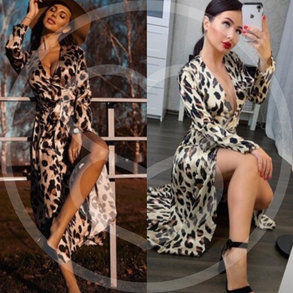 Dresses & Skirts - Leopard Print Satin Wrap Maxi Dress boho v neck